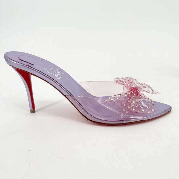 Christian Louboutin Aqua Strass 80 PVC Pink Crystal Bow Pointed Toe Mules EU 38 - Picture 2 of 10